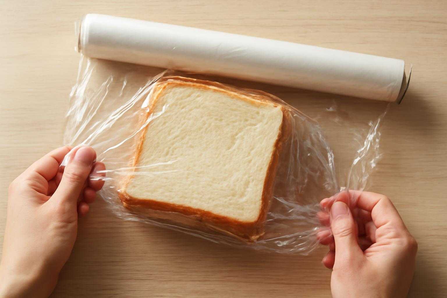 食パンをラップで包み、冷凍庫に保存する様子