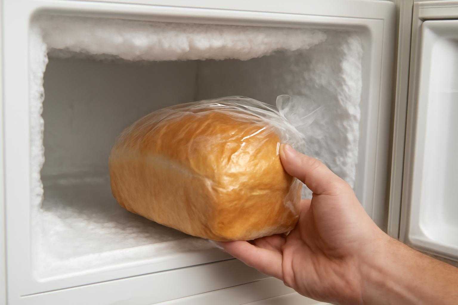 食パンを冷凍保存する様子を示す冷凍庫と食パンの画像
