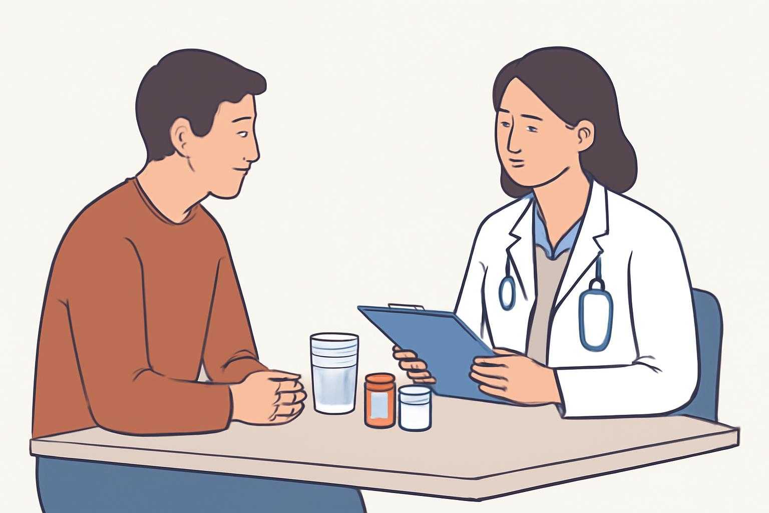 医者に相談する女性と、薬瓶やコップが置かれた机