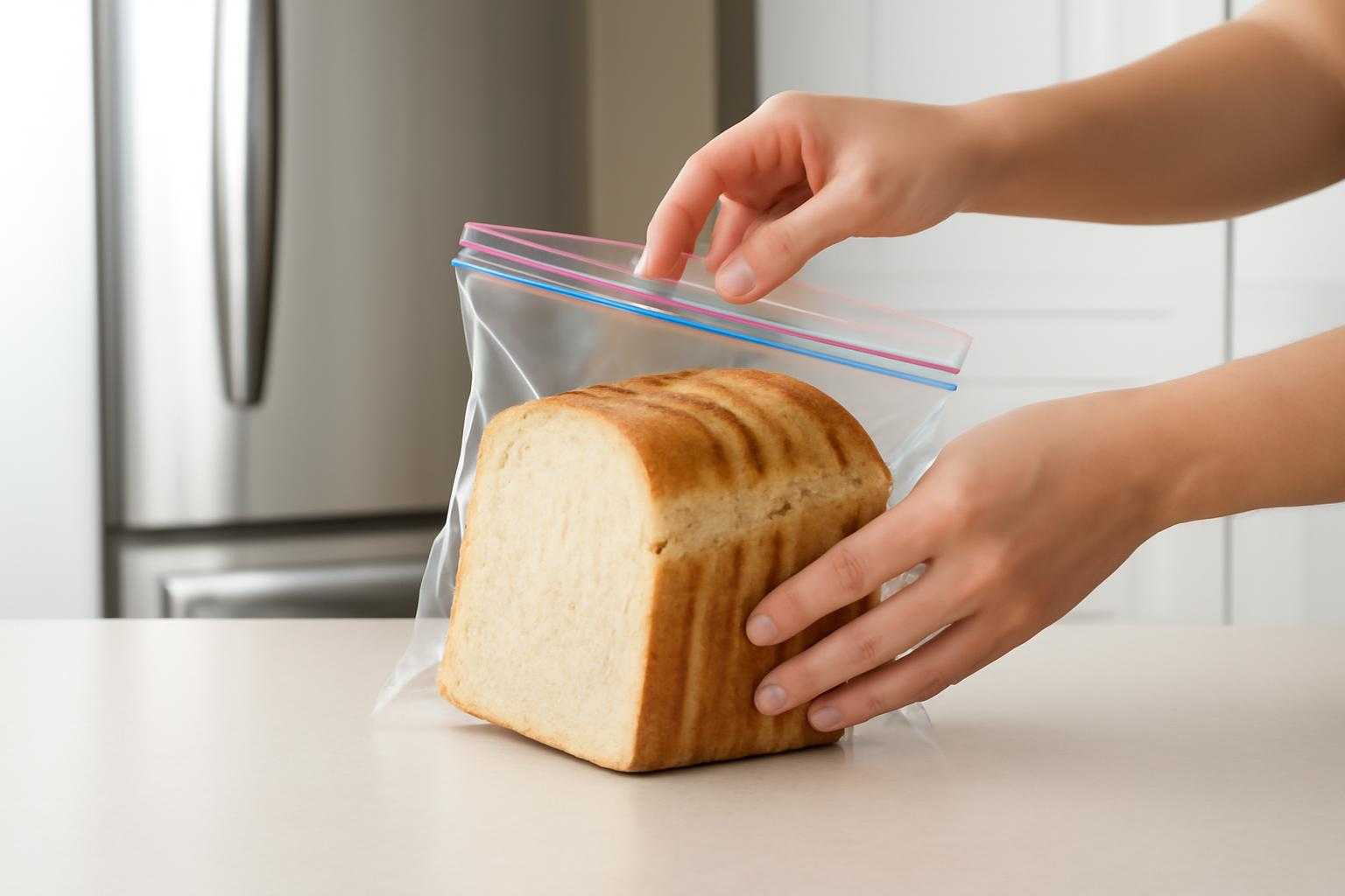 食パンをジップロック袋に入れて冷蔵庫に保存する様子