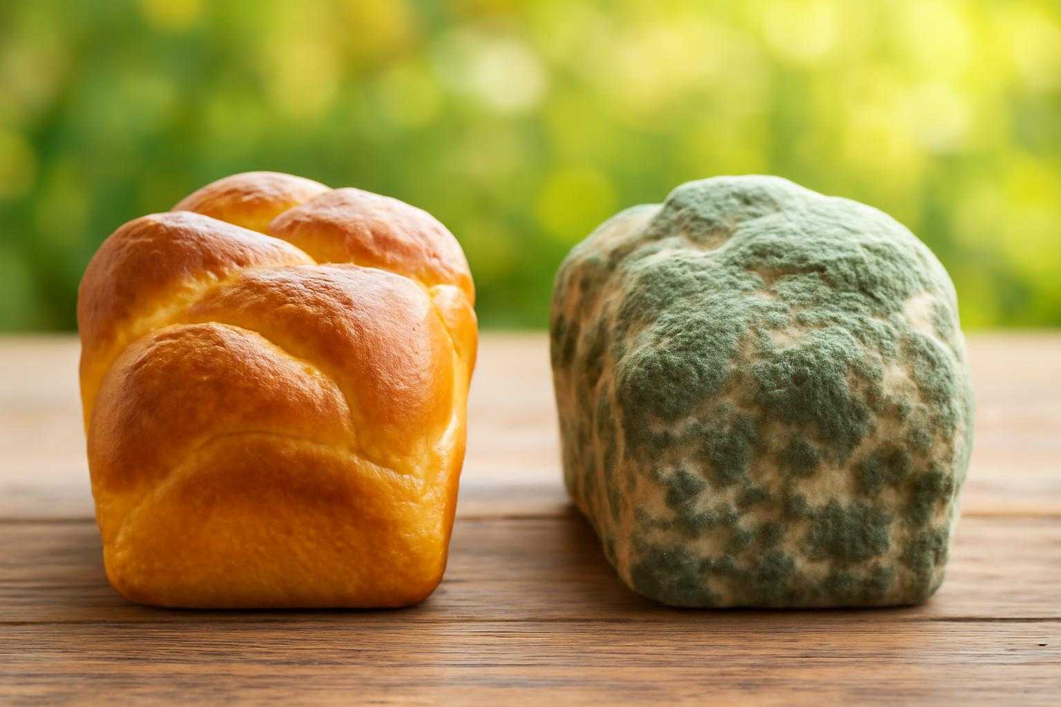 新鮮なパンとカビが生えたパンを並べて比較する様子