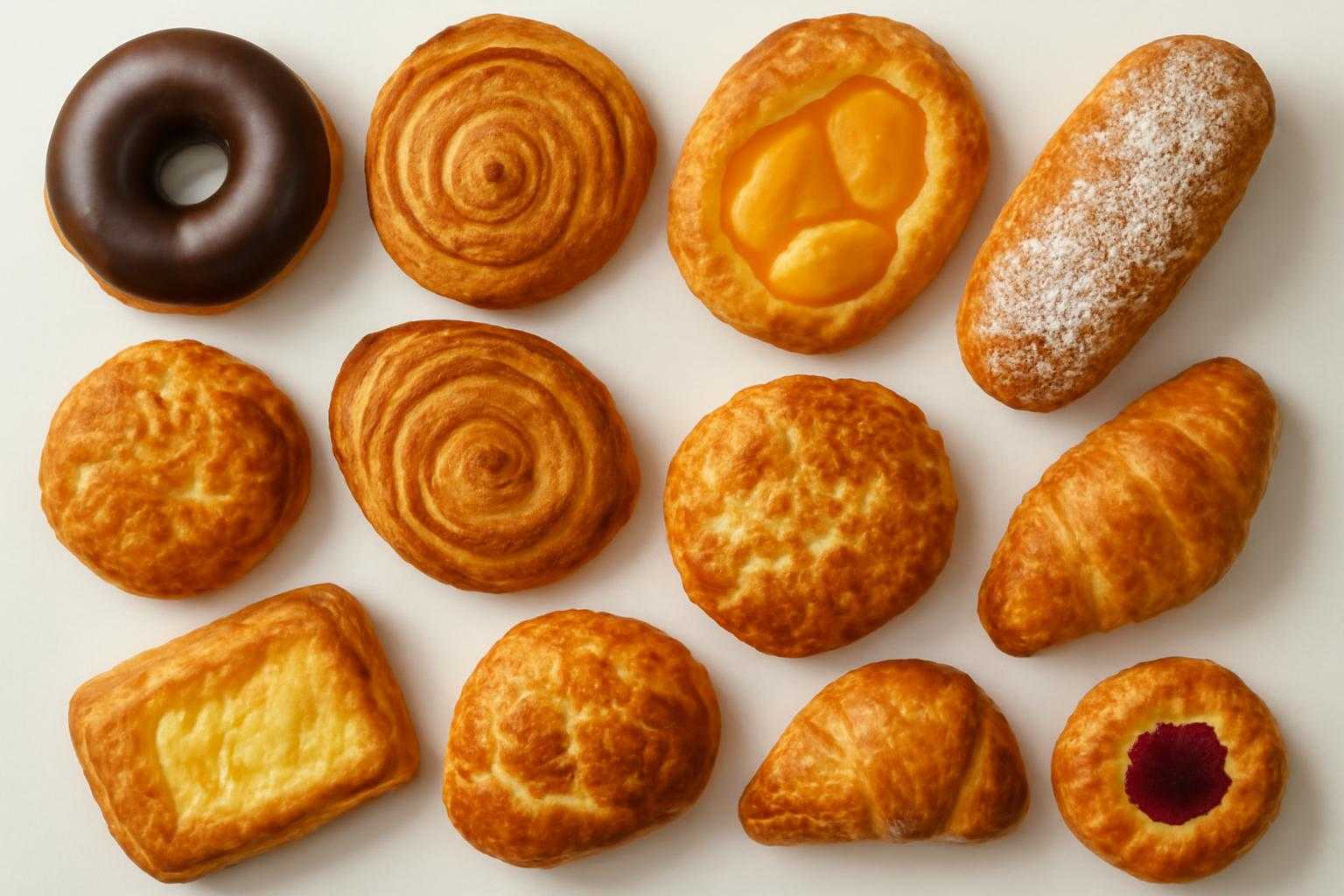 チョコレートコーティング、クリーム、ドライフルーツなど様々な菓子パンの種類を並べた画像