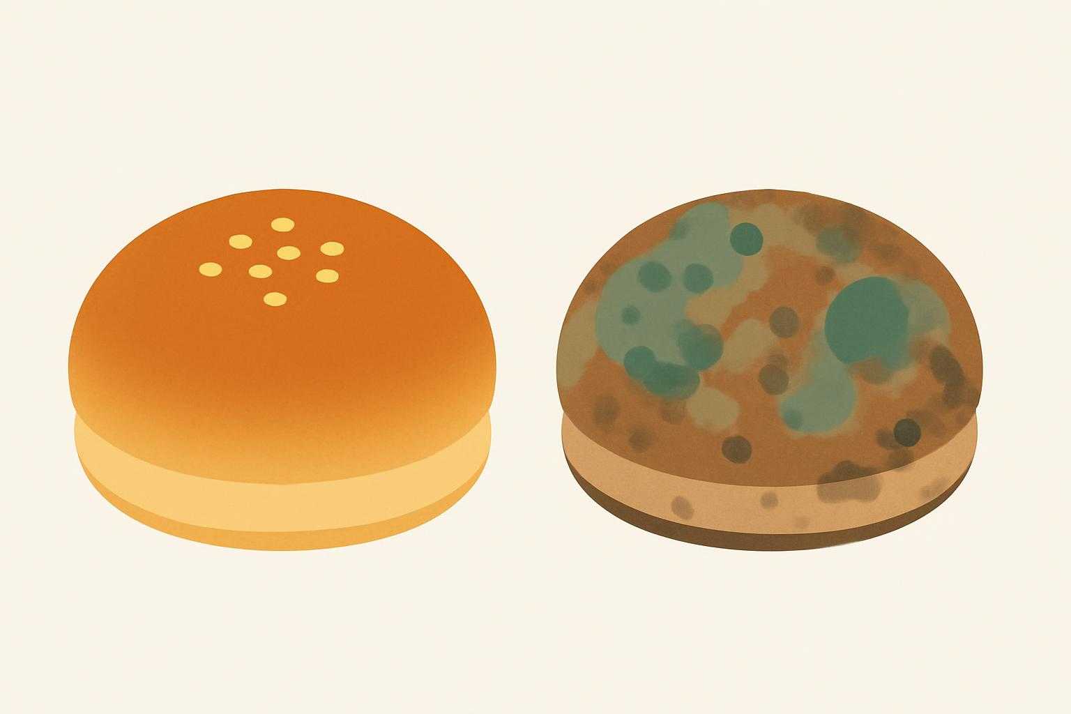 カビが生えたあんぱんと新鮮なあんぱんの比較