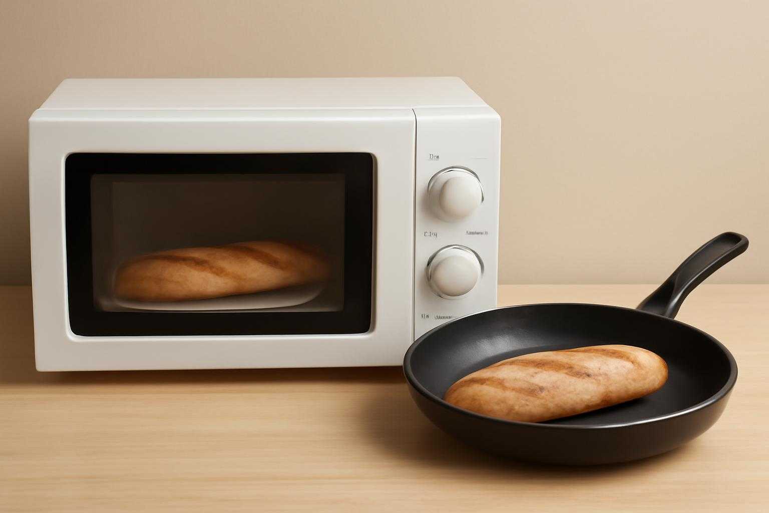 電子レンジとフライパンでフランスパンを温めている様子