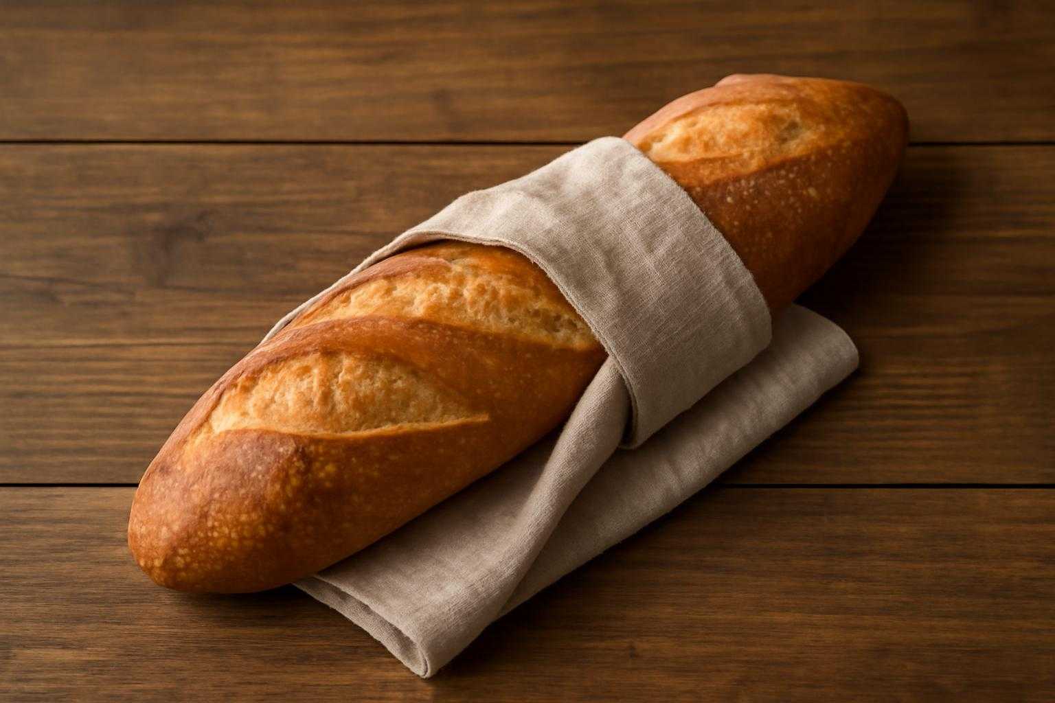 温めたフランスパンを布に包んで保存している保存方法