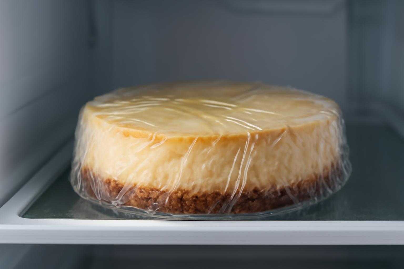 冷蔵庫の中にラップで包まれたチーズケーキが置かれている様子