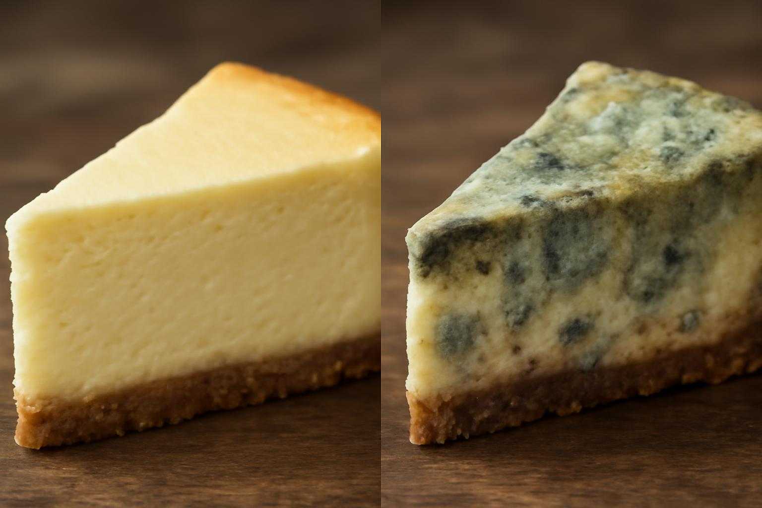 カビや変色したチーズケーキの危険な状態を示す比較画像