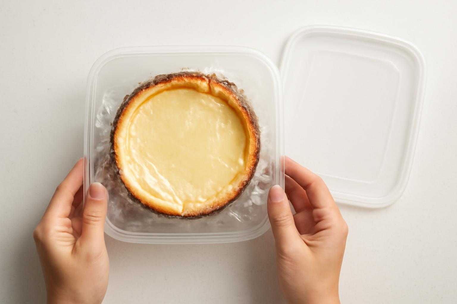 チーズケーキをラップで包み、容器に入れて冷凍庫へ入れる様子