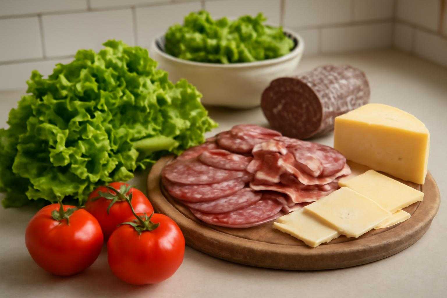 新鮮な野菜と加工肉が並んでいる食材の選別イメージ