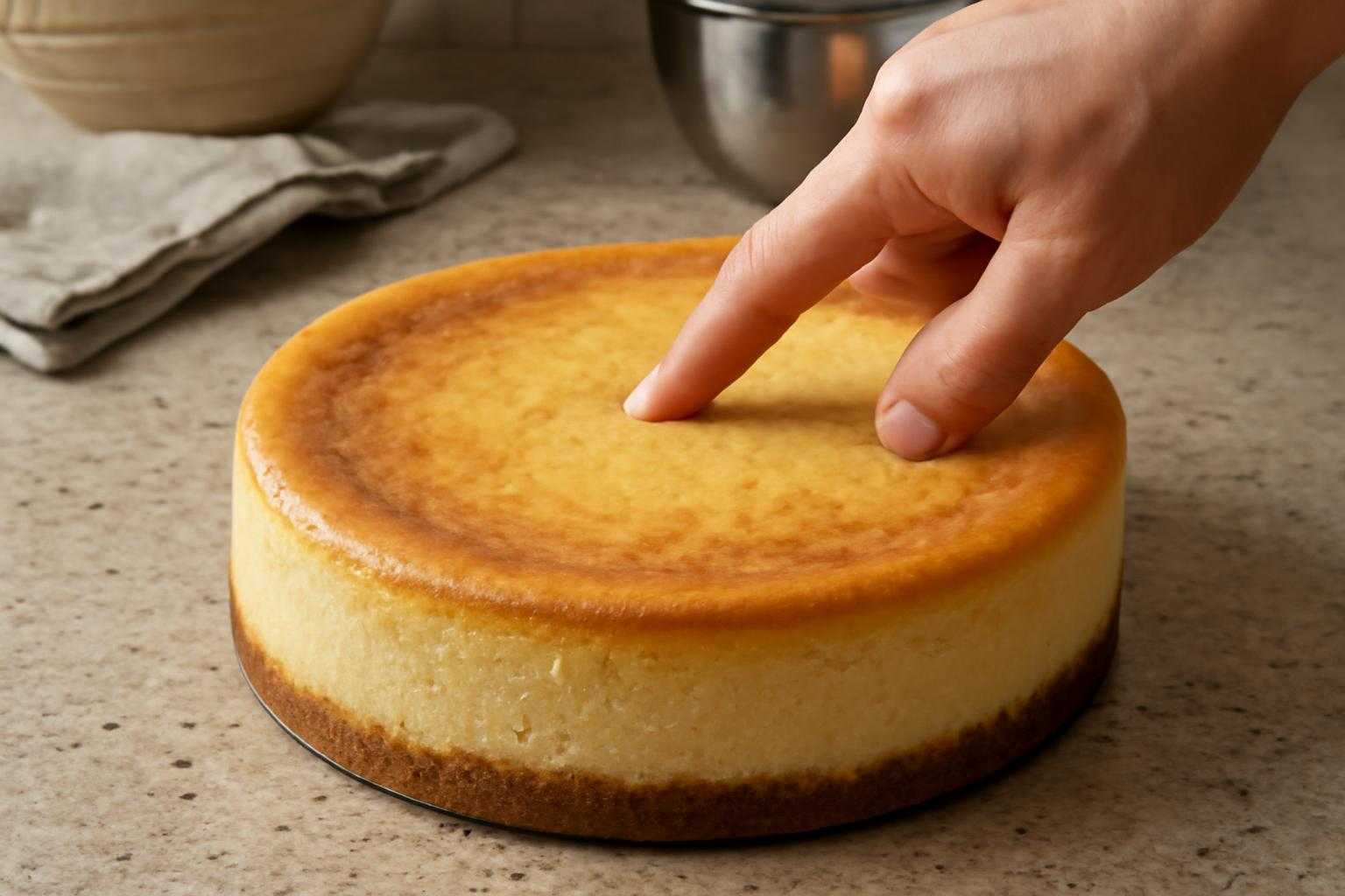 冷蔵庫から取り出され、固さを確認されるチーズケーキ