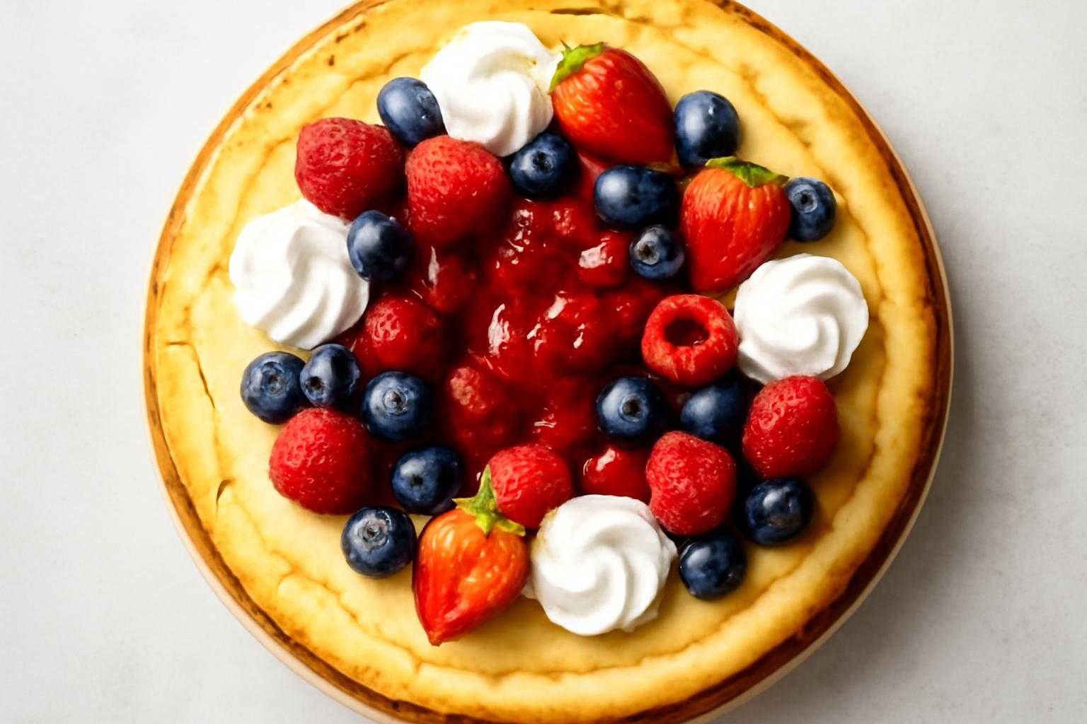 ひび割れたチーズケーキの上にフルーツやソースをのせて隠す様子
