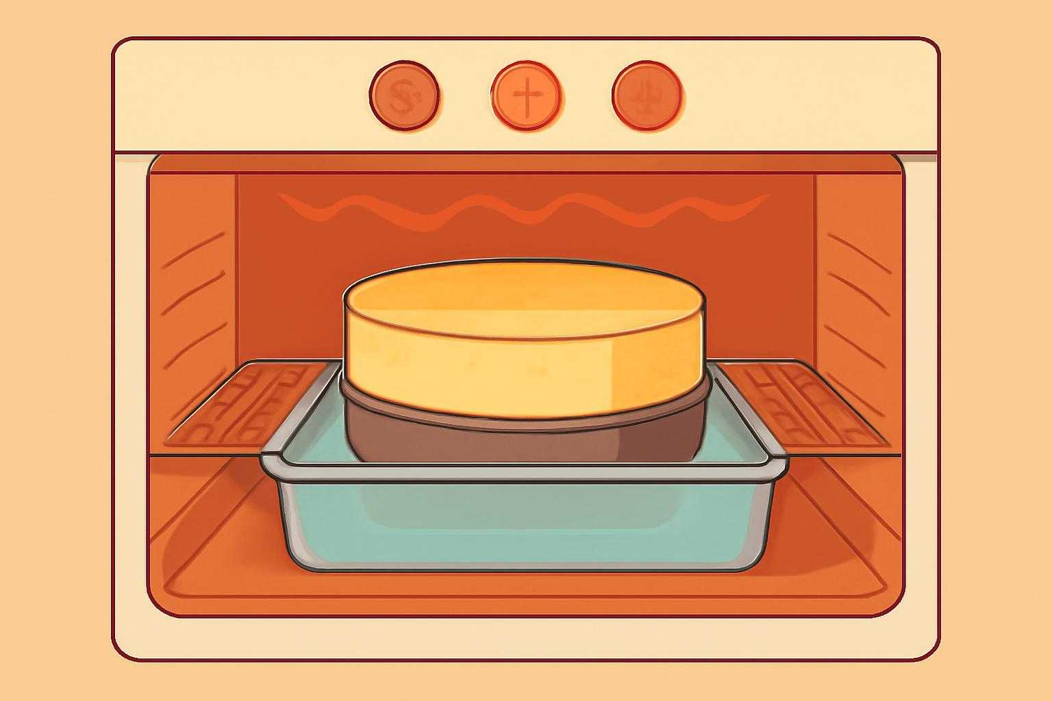 オーブンでチーズケーキが焼きあがる様子を示す断面図