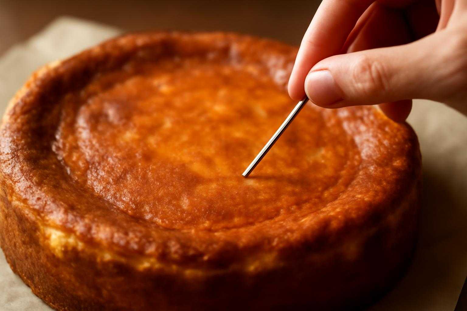 竹串を刺したチーズケーキの焼き上がり状態を確認している様子