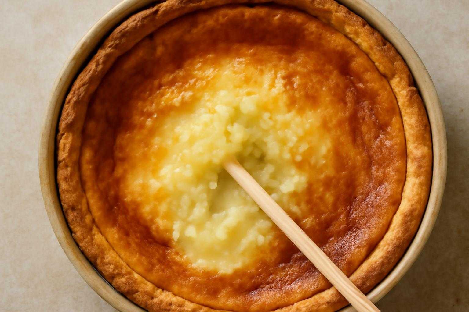 焼きが足りないチーズケーキに竹串が付着している状態