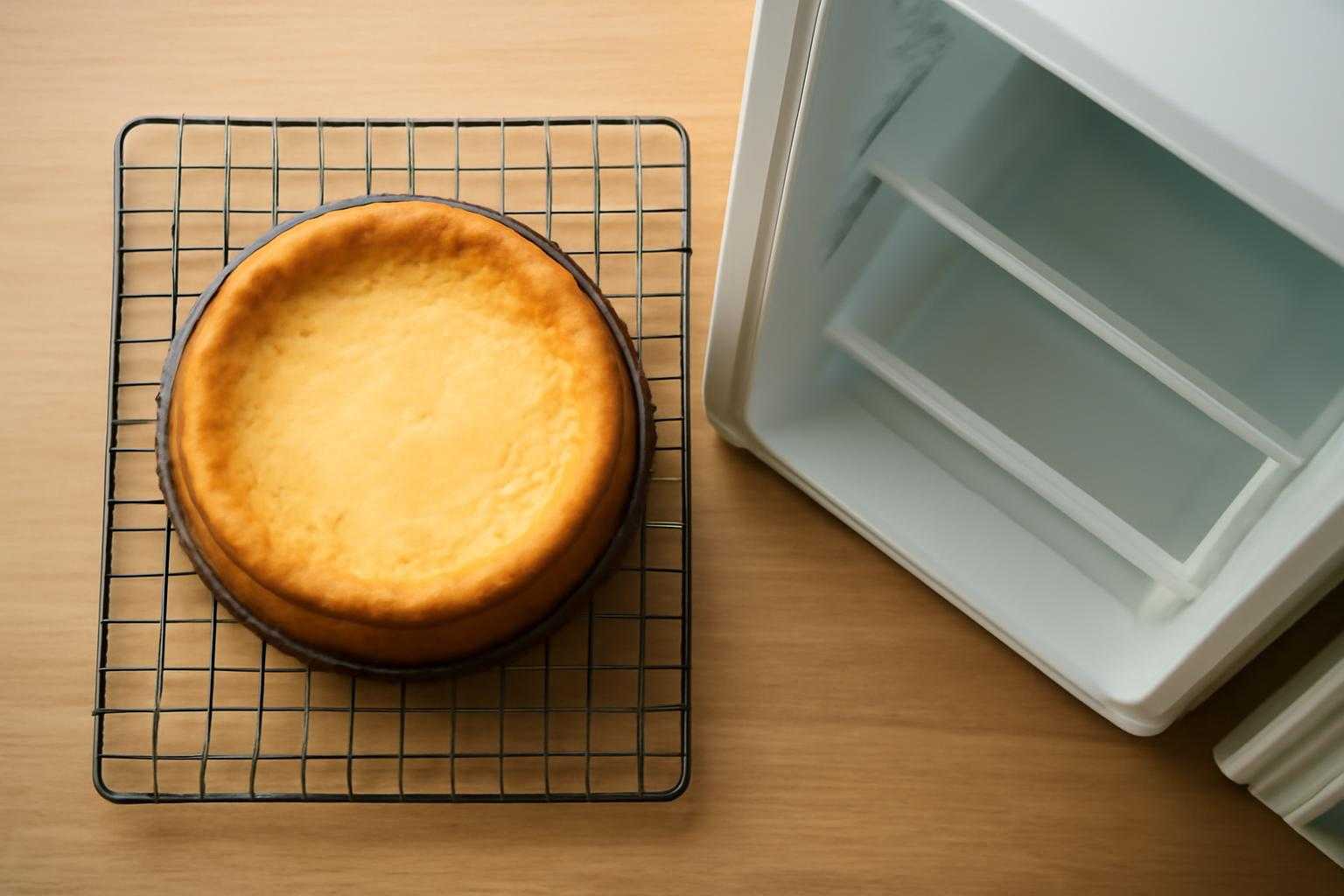 粗熱を取ったチーズケーキを冷蔵庫に入れている様子