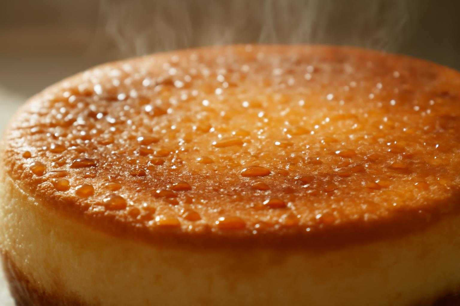 温かいチーズケーキが結露している表面のクローズアップ