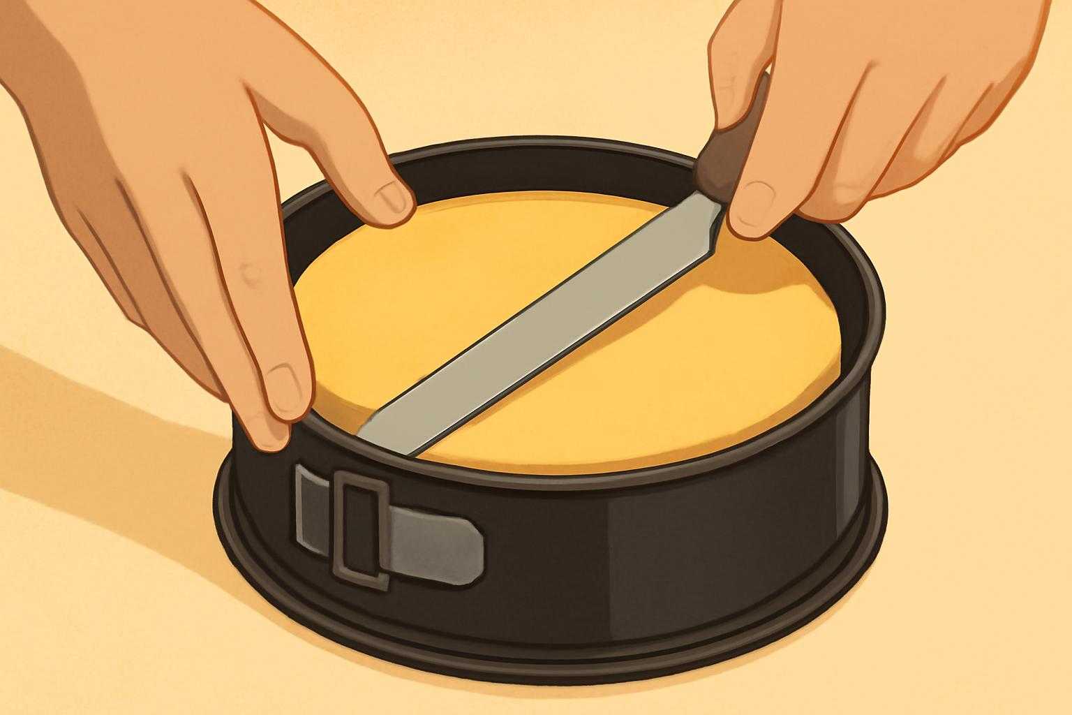 チーズケーキを型から丁寧に外している手元のアップ。ナイフやスパチュラが見えている