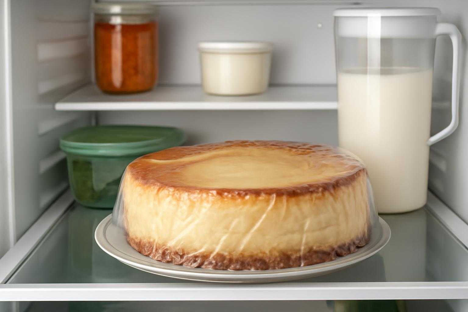 ラップに包まれたベイクドチーズケーキが冷蔵庫に保管されている様子