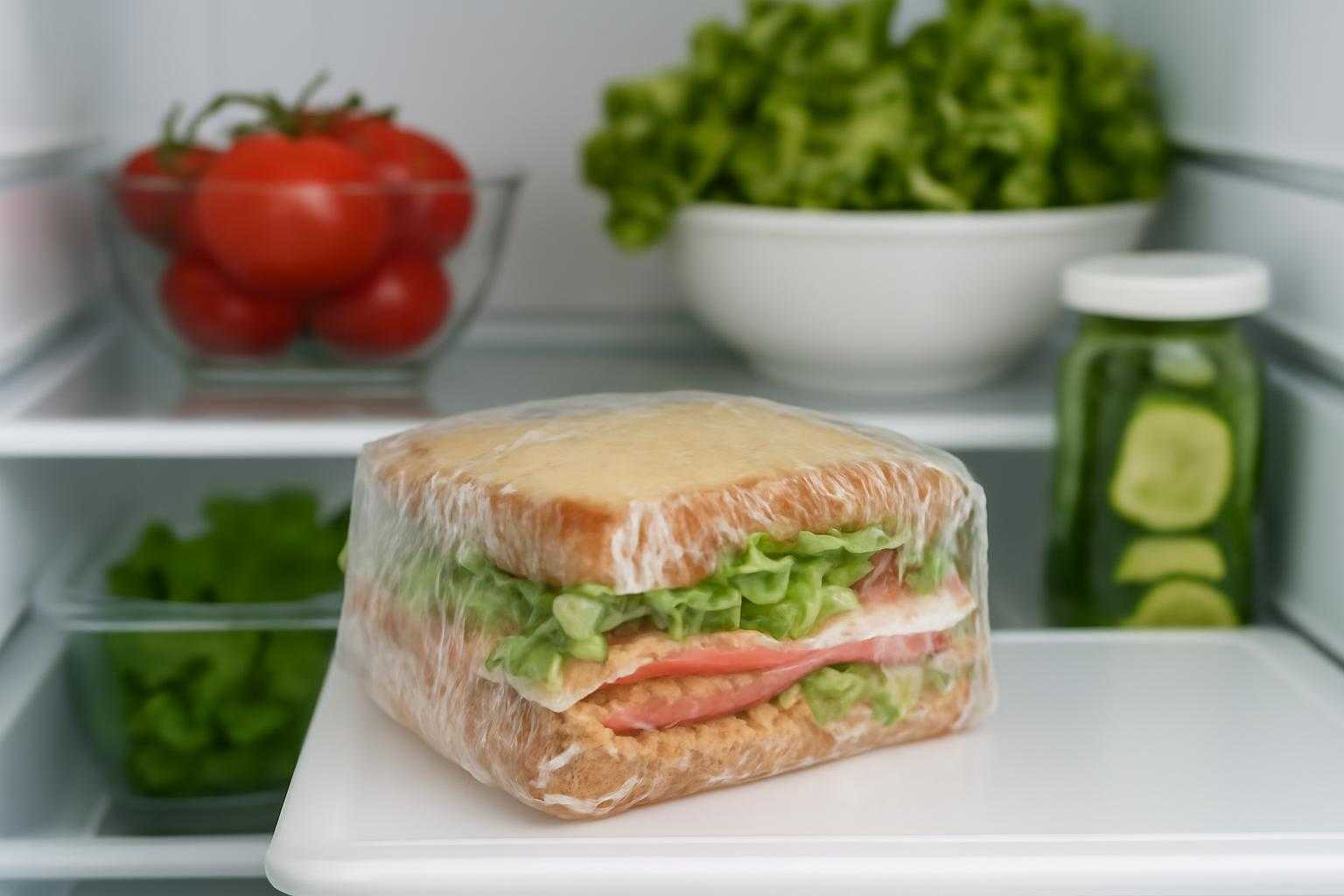 ラップで包まれたサンドイッチが冷蔵庫に保存されている様子