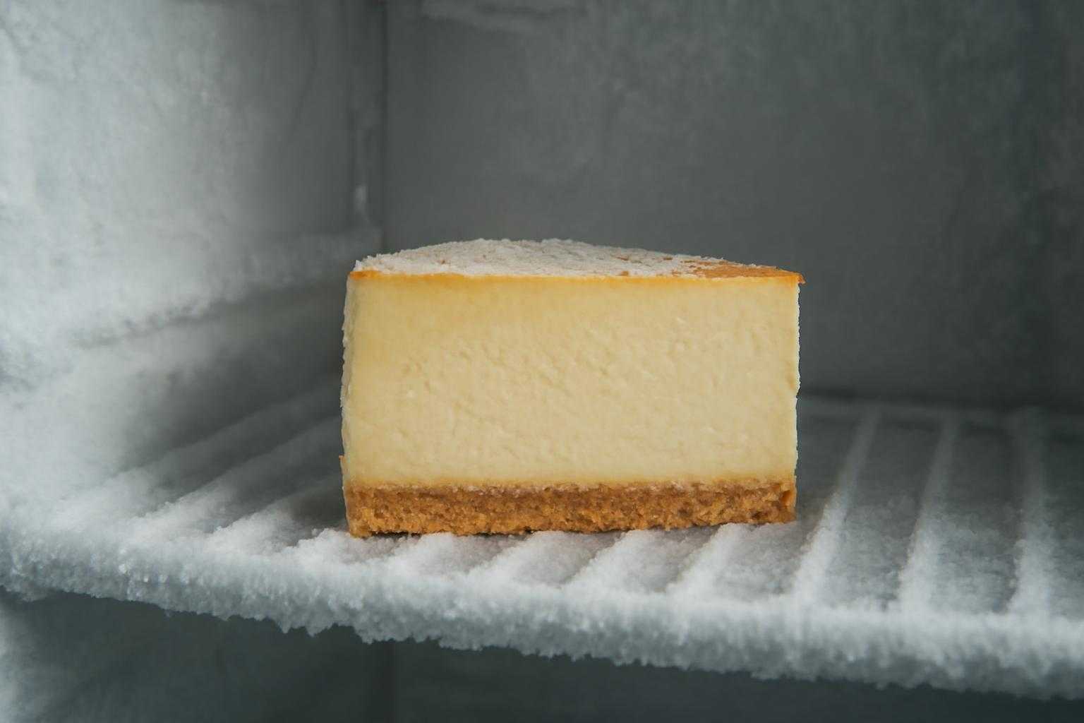 冷蔵庫でレアチーズケーキを冷やしている様子