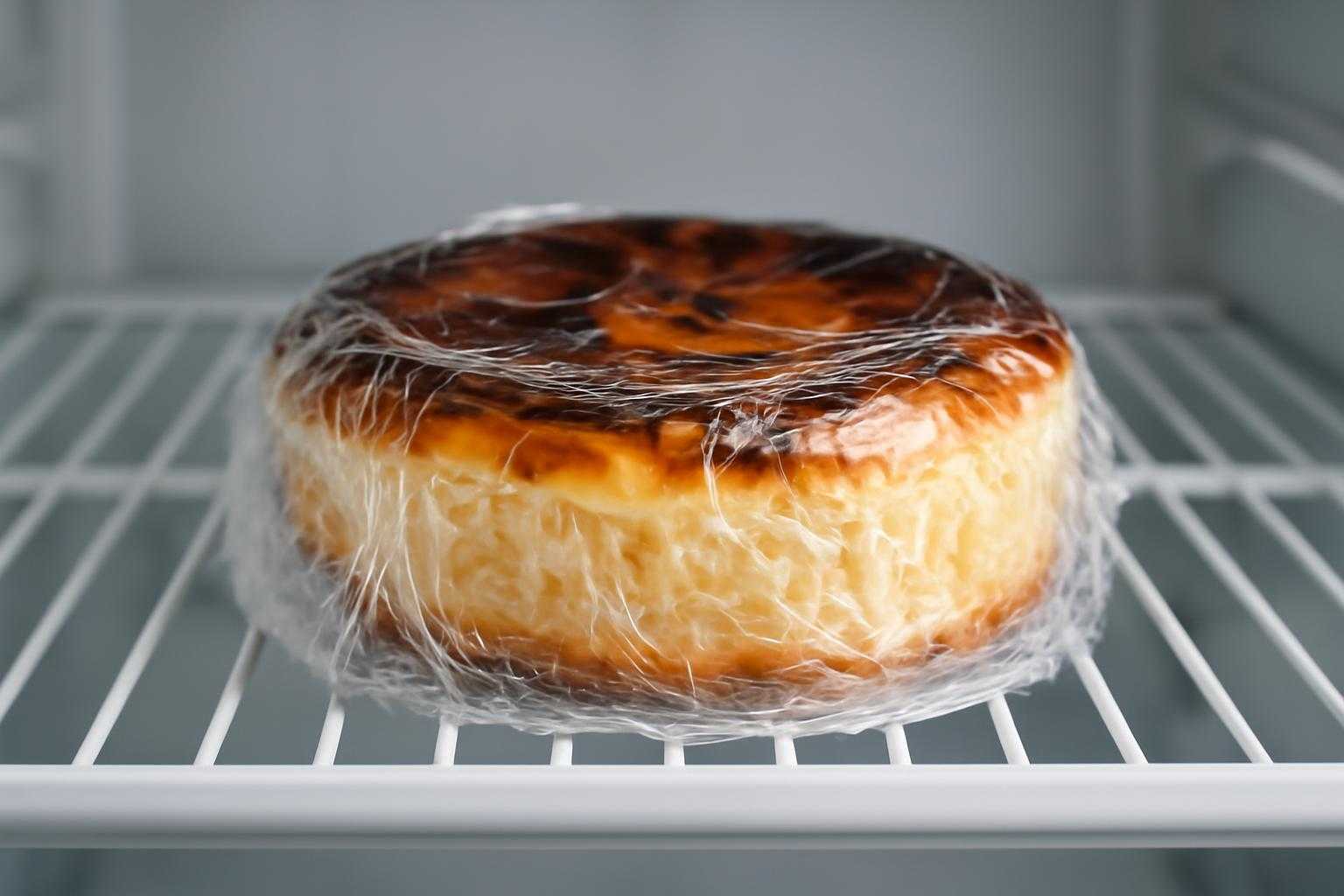 冷蔵庫にラップで包まれたバスクチーズケーキが保存されている様子
