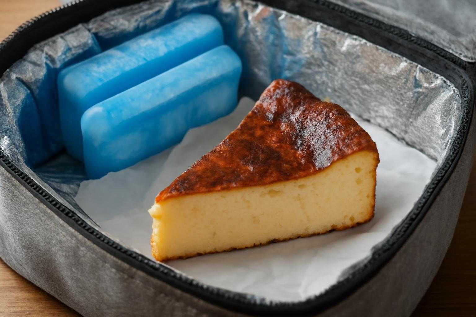 保冷バッグにアイスパックと一緒に入れられたバスクチーズケーキの持ち運び