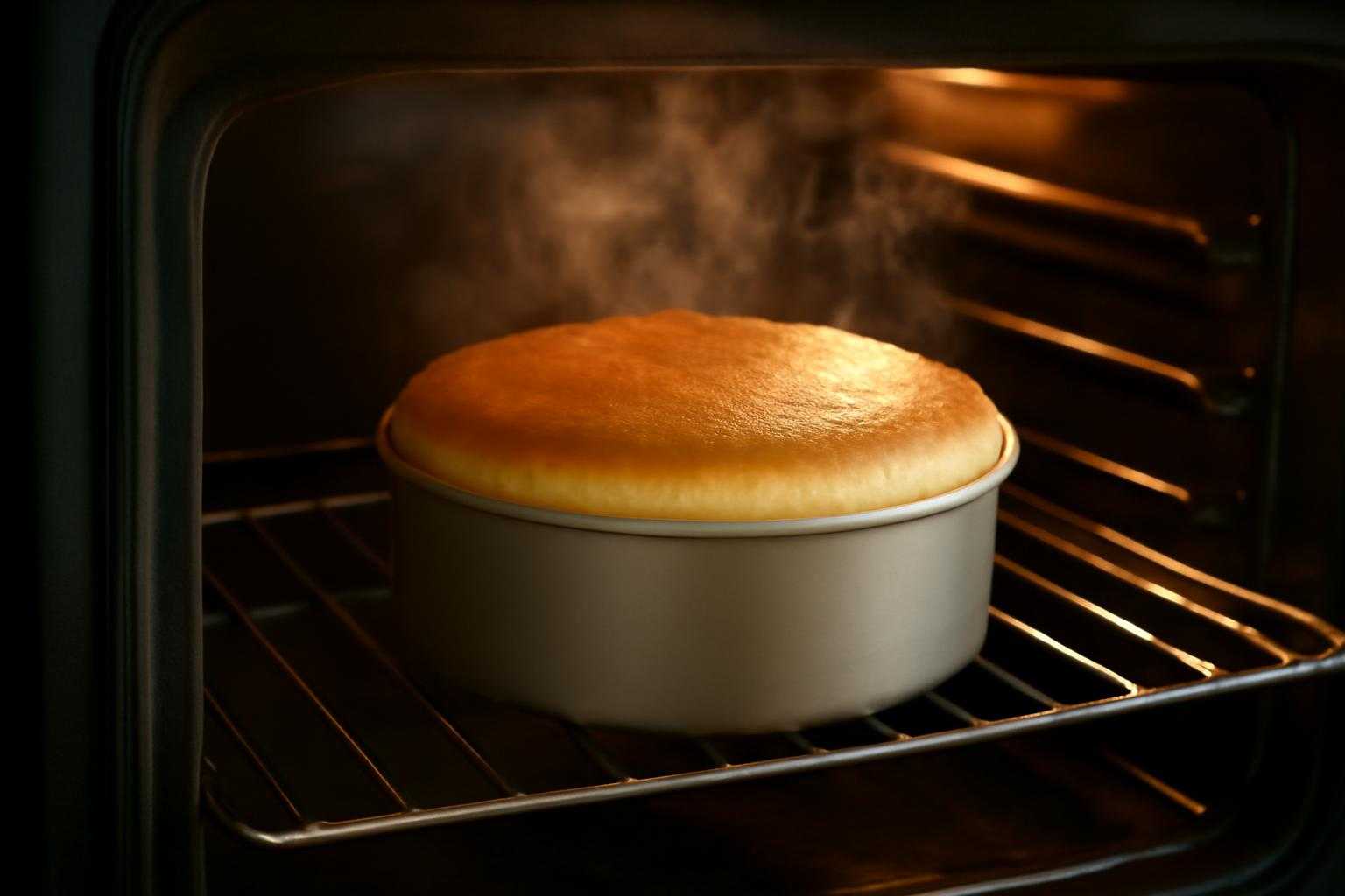 焼き上がったスフレチーズケーキを冷ましている様子の側面図