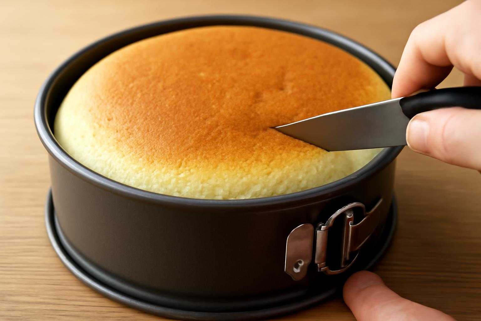 ナイフでスフレチーズケーキの周りを丁寧に切り離している様子