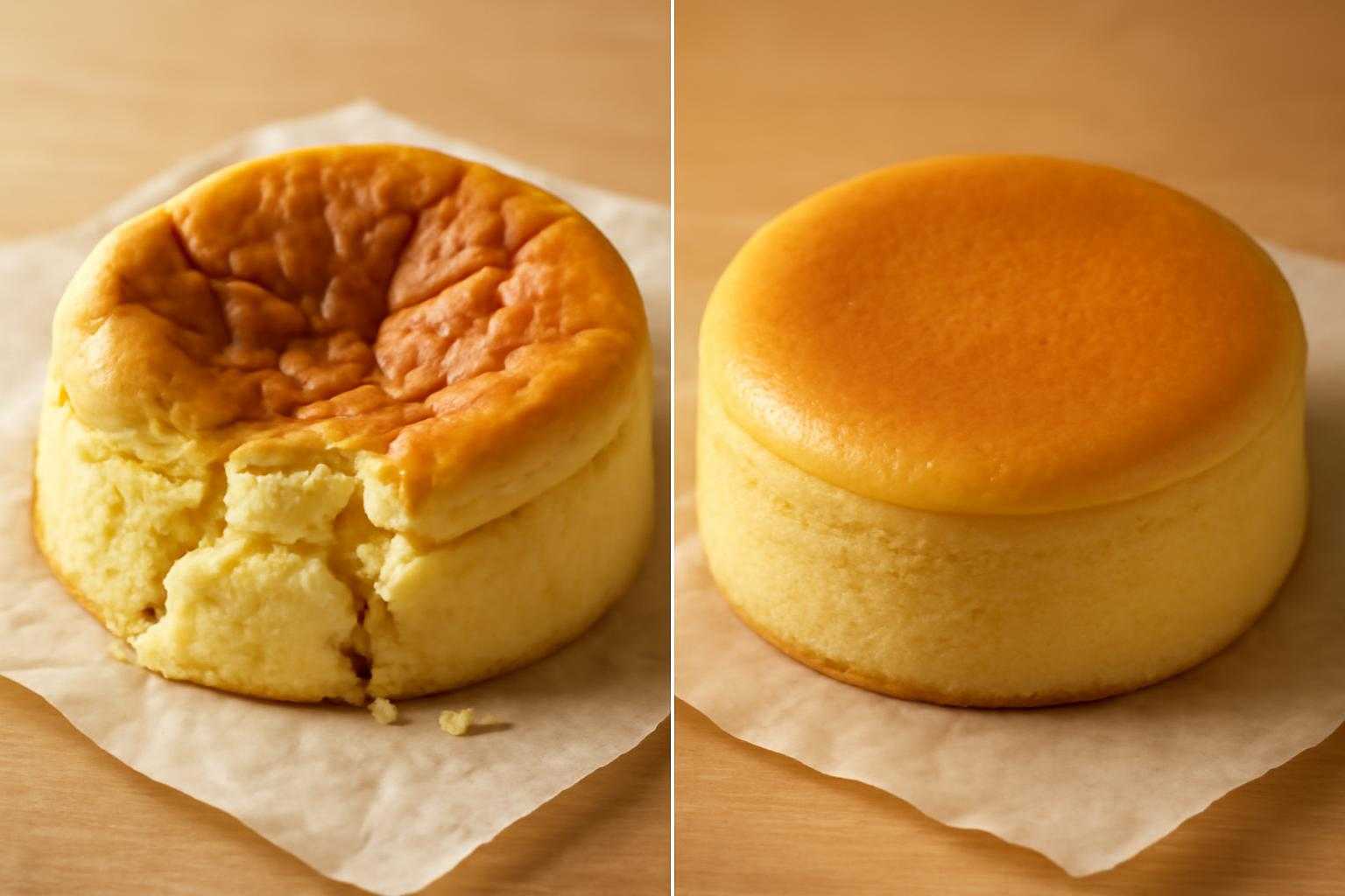崩れたスフレチーズケーキと完成したきれいなケーキの比較