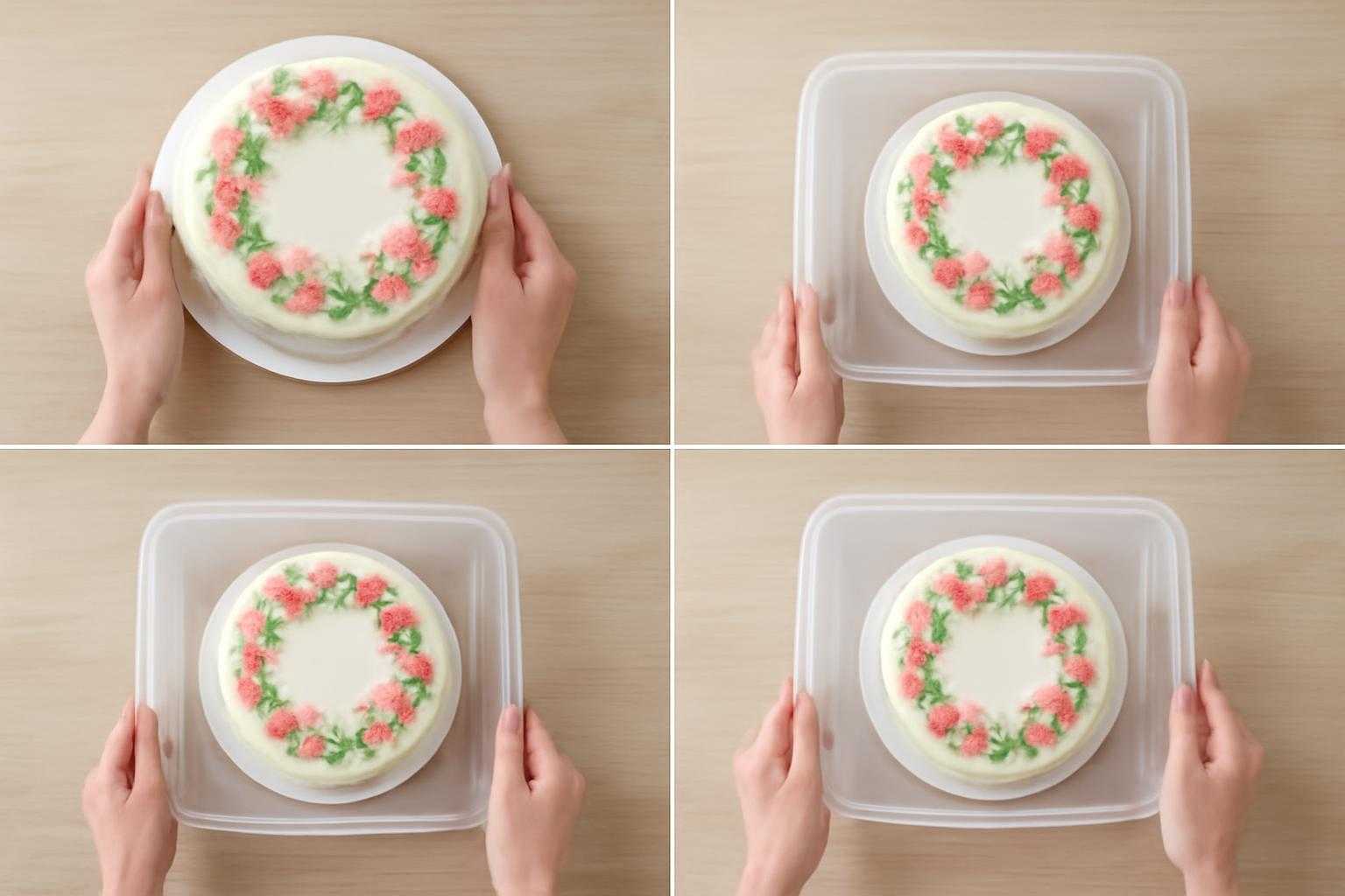 ケーキを容器に入れて丁寧に保存する様子