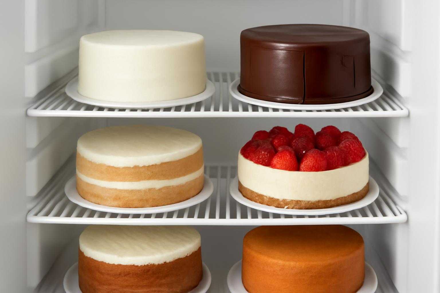 チョコレートケーキとフルーツケーキが冷蔵庫に並んでいる状態