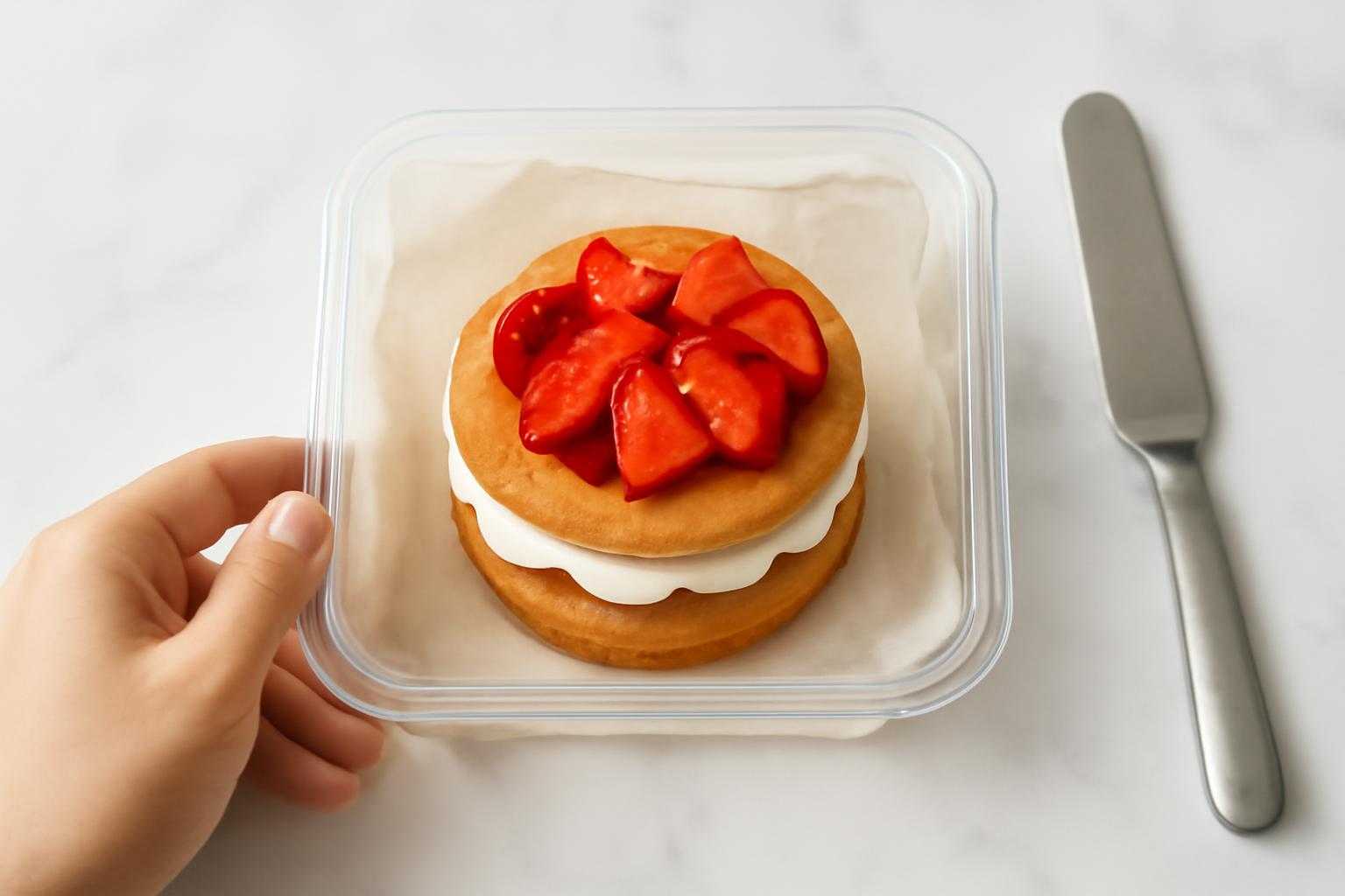 タッパーにショートケーキを丁寧に入れている準備風景