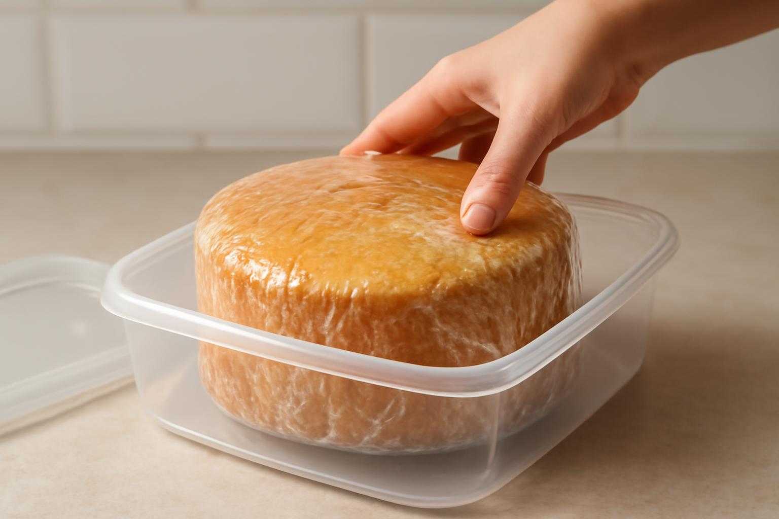 ラップで包まれたスポンジケーキを密閉容器に入れている様子