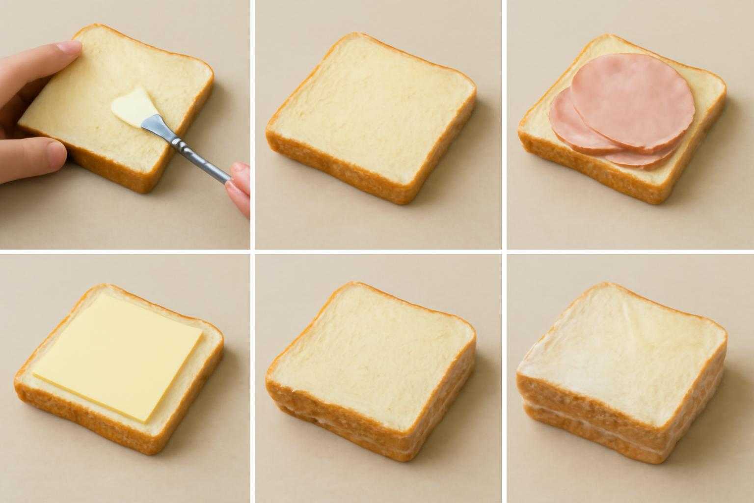 パンにバターを塗り、具材をのせてラップで包む調理風景