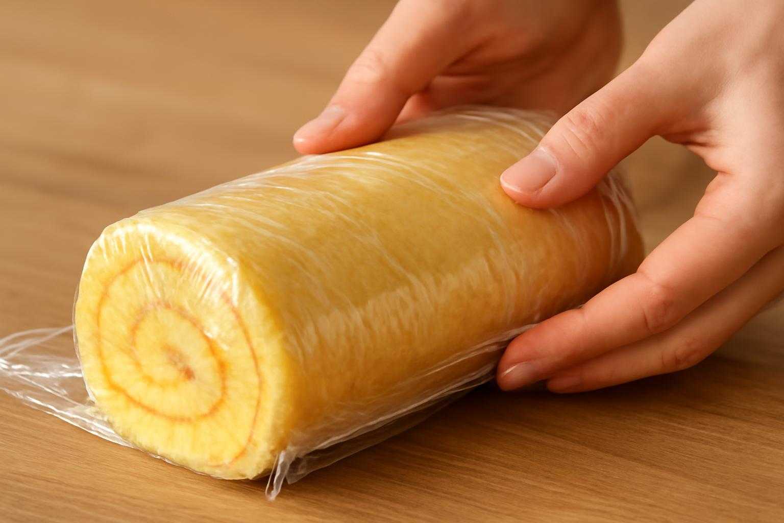 ラップで丁寧に包まれたロールケーキの生地