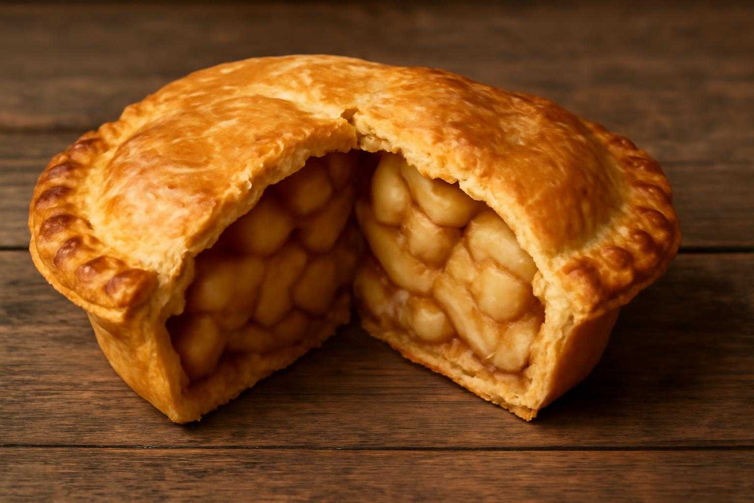 サクサクのパイ生地とリンゴが見える、完璧に焼けたアップルパイのカット面