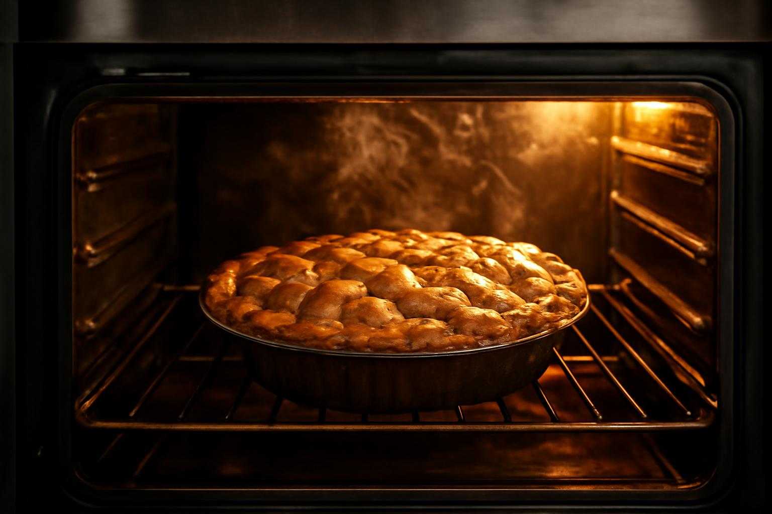 アップルパイが焼けている様子、金色に焼きあがった表面とオーブンの熱気