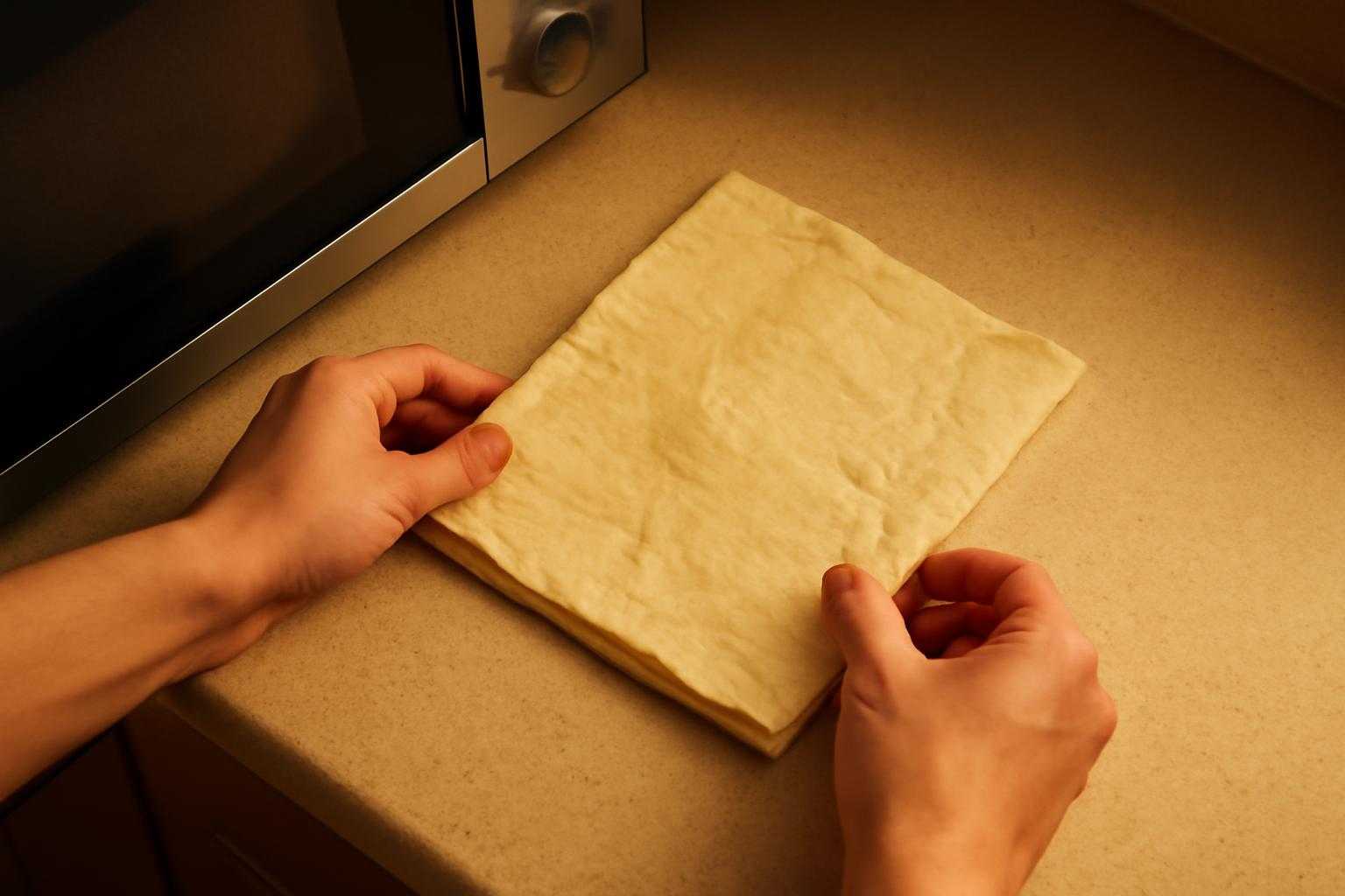 電子レンジの前でパイシートを確認している手元
