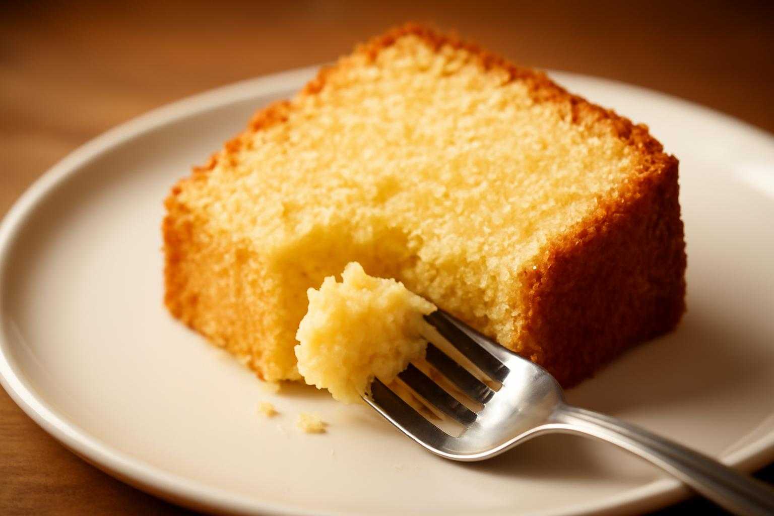 しっとりとしたパウンドケーキをフォークで食べている様子