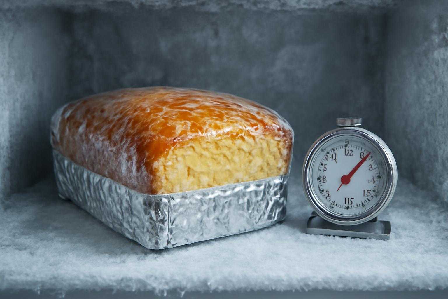ラップに包まれたパウンドケーキと温度計、冷凍庫の画像