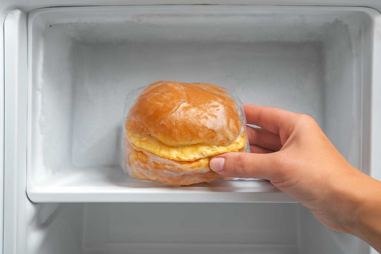 ラップに包まれたたまごサンドイッチが冷凍庫に入っている様子