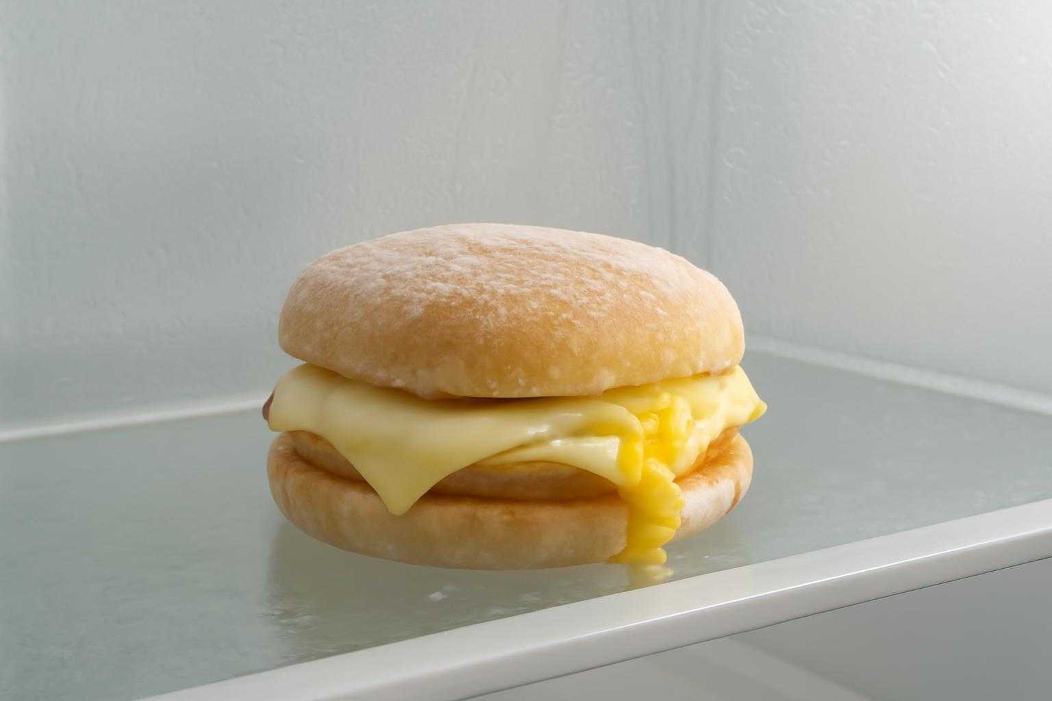 冷蔵庫の棚に置かれた解凍中のたまごサンドイッチ
