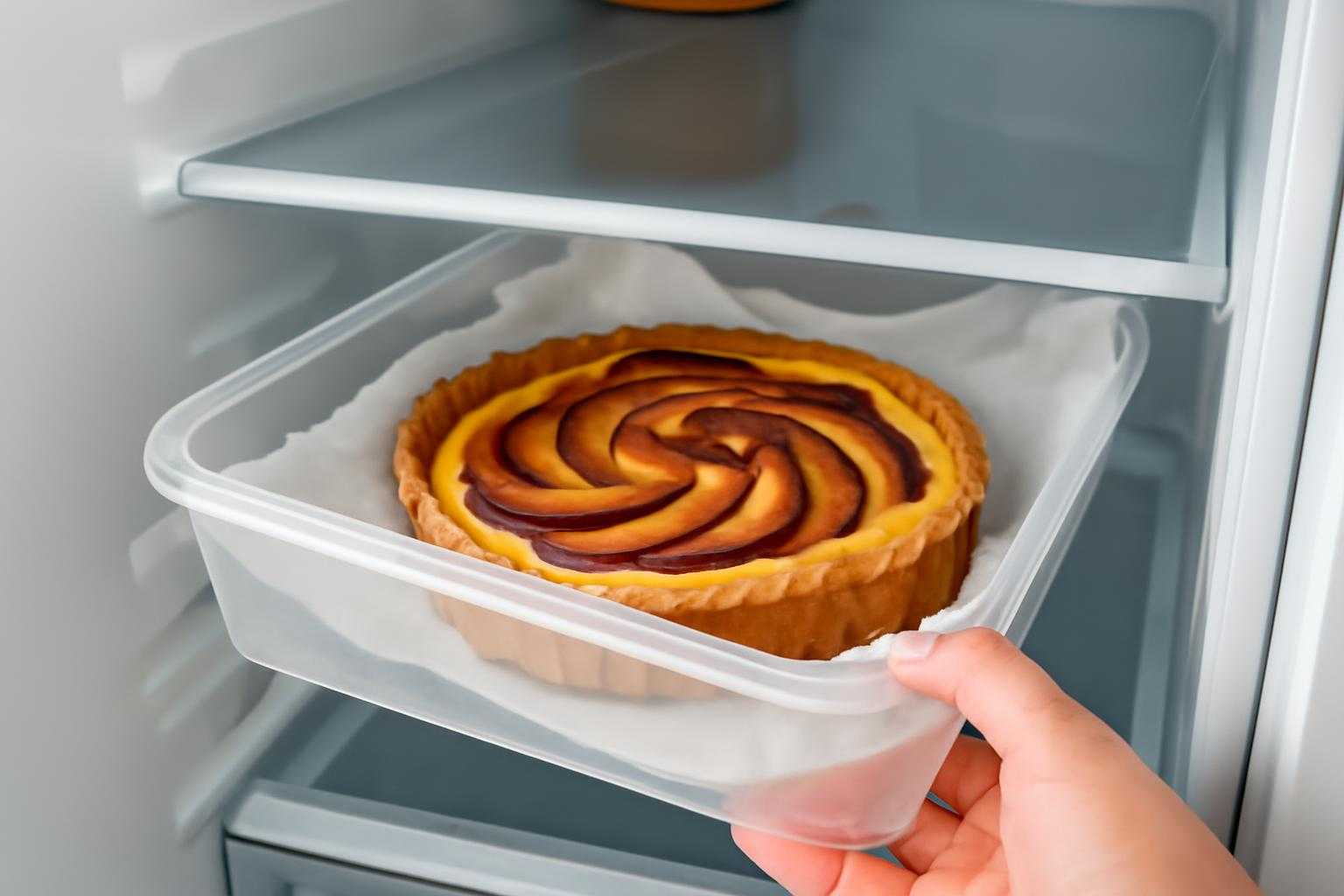 冷蔵庫にタルトを正しく保存する様子