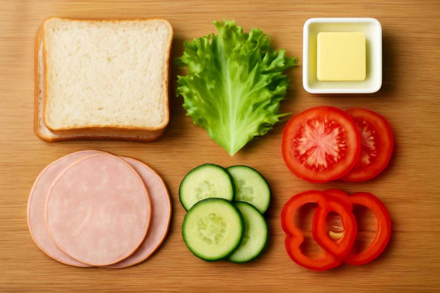 バターを塗ったパン、新鮮な野菜、ハムなどの具材が並んだサンドイッチ調理風景