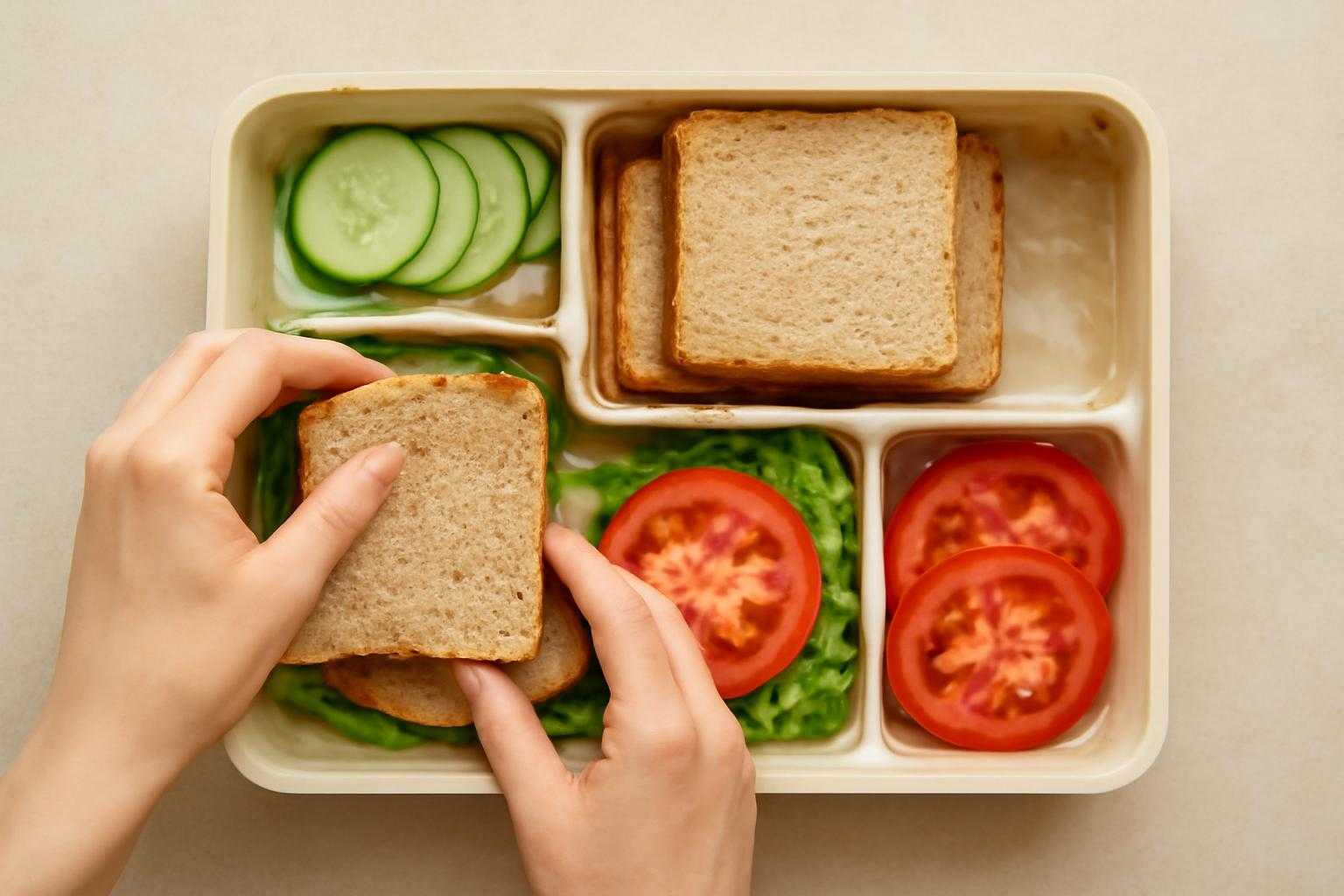 サンドイッチを弁当箱に詰める手順を示す俯瞰図