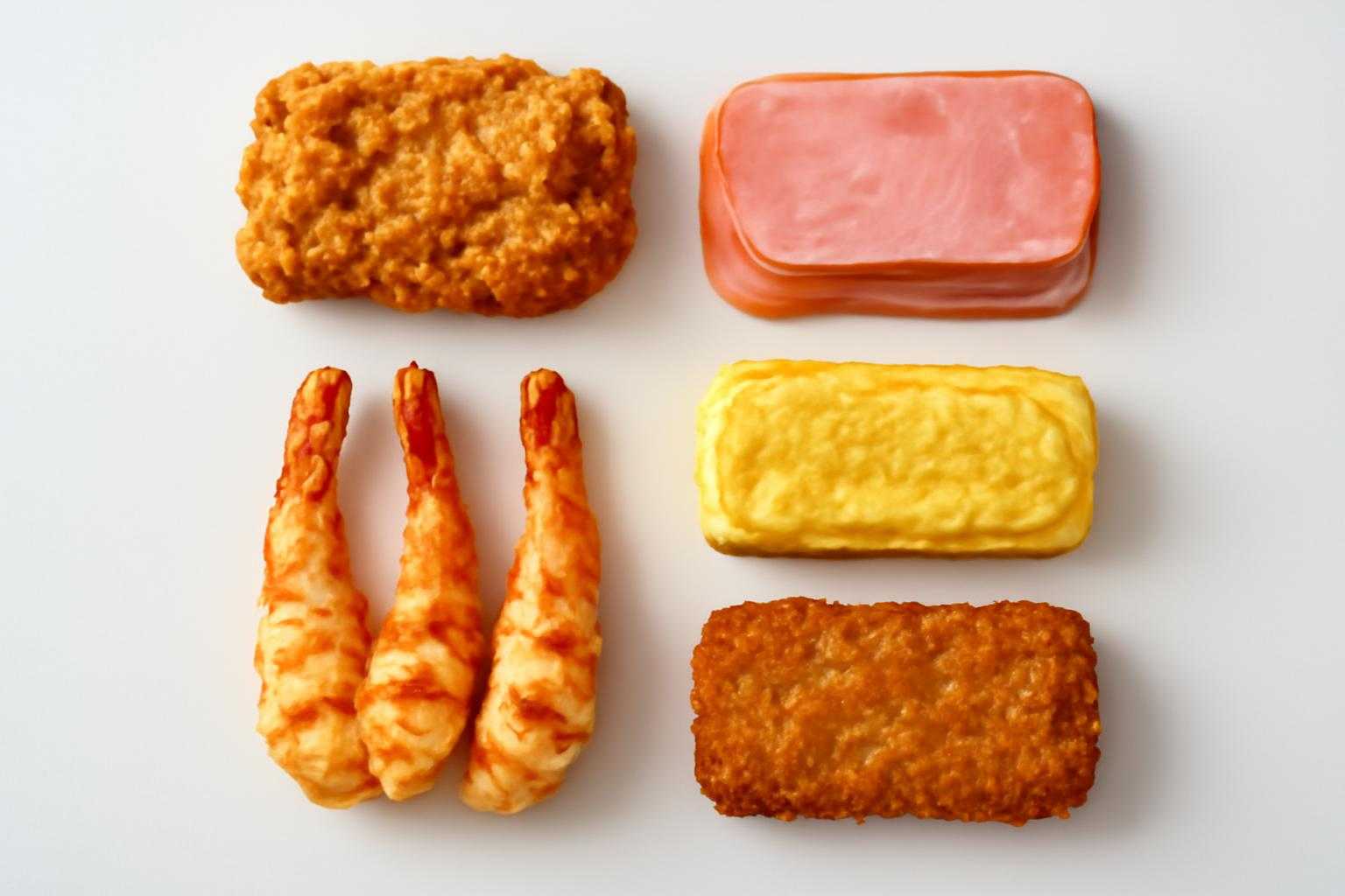 唐揚げ、ハム、卵焼きなど5種類のサンドイッチのおかずが並んだ俯瞰図