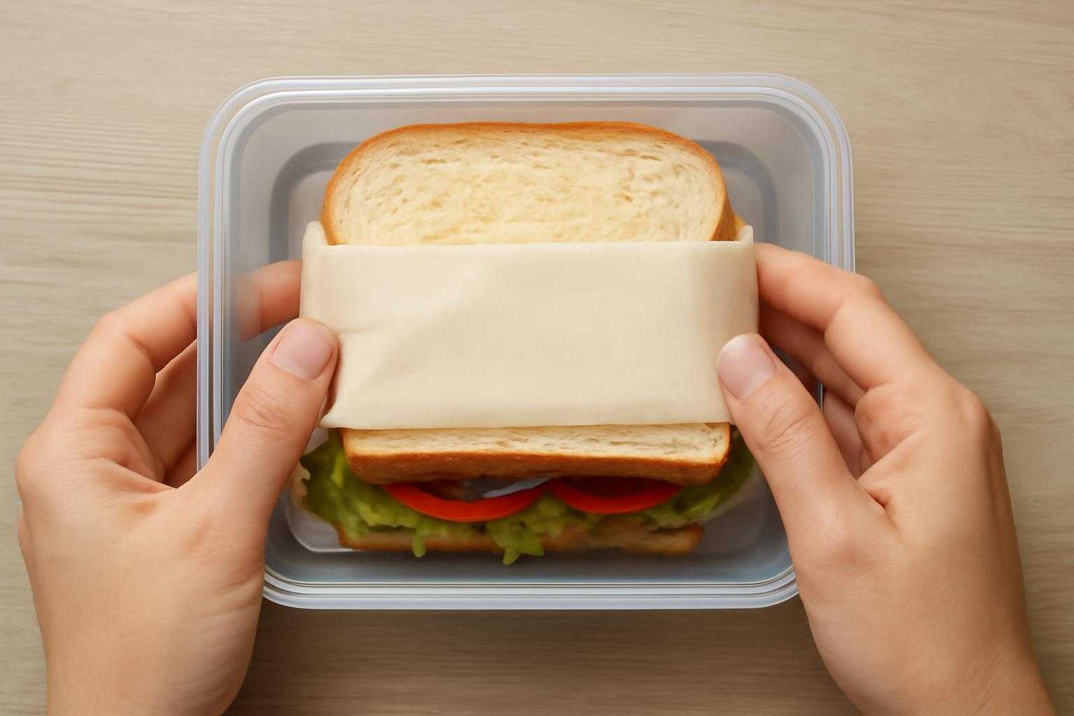 サンドイッチを丁寧に包み、弁当箱に詰めている様子