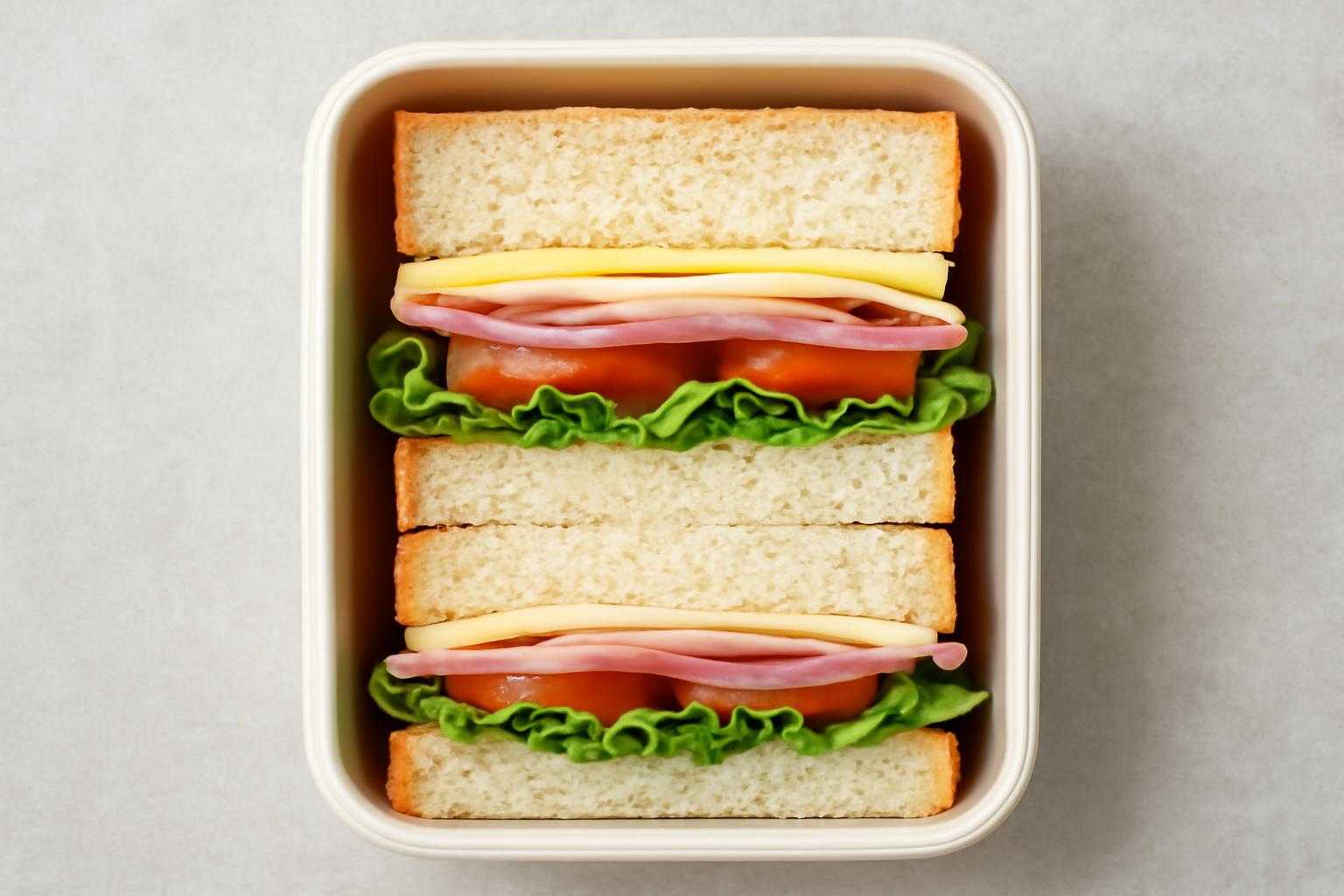 弁当箱にサンドイッチを工夫して詰めている様子