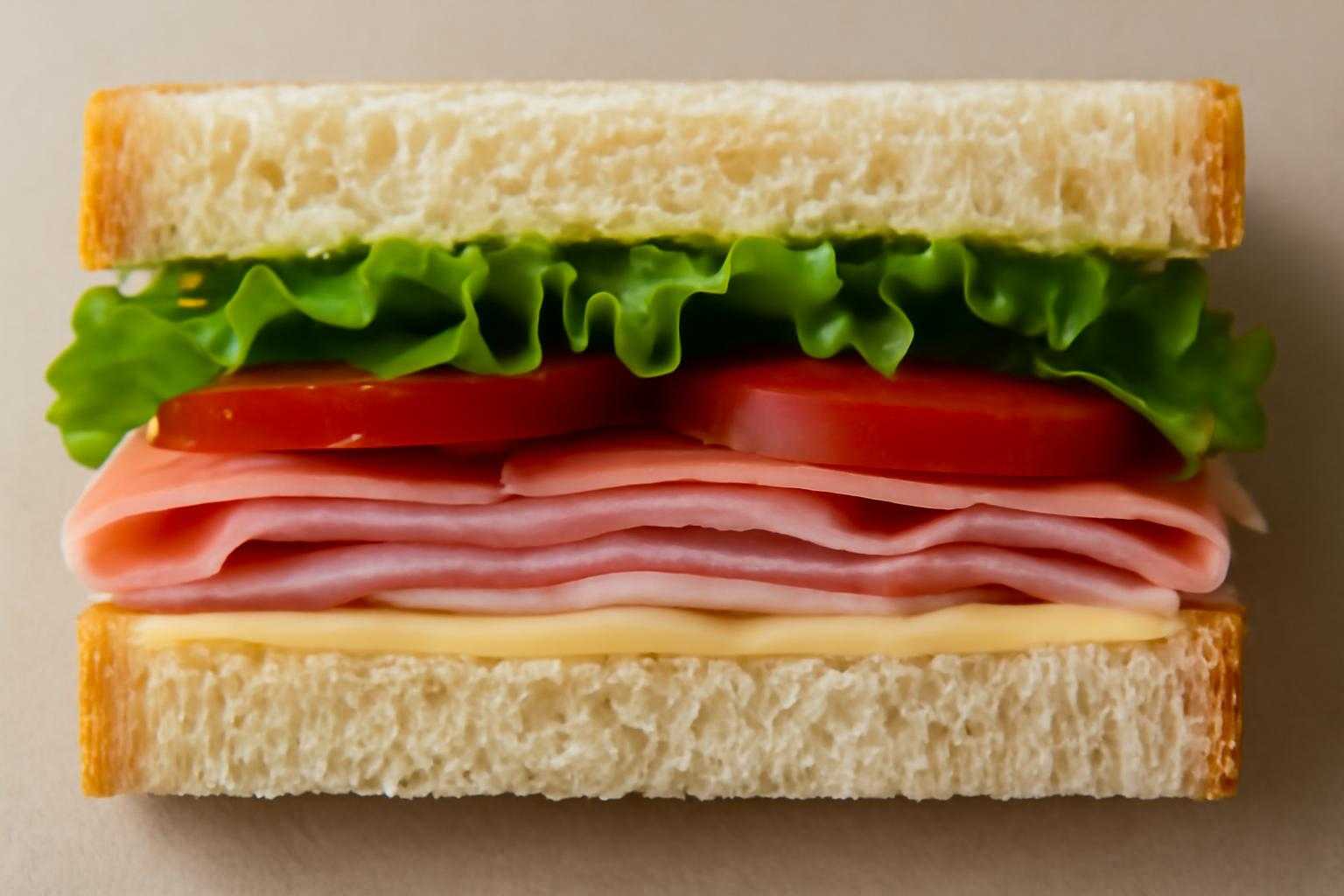 バターを塗ったパンにレタスを敷き、その上にハムとチーズが重ねられている