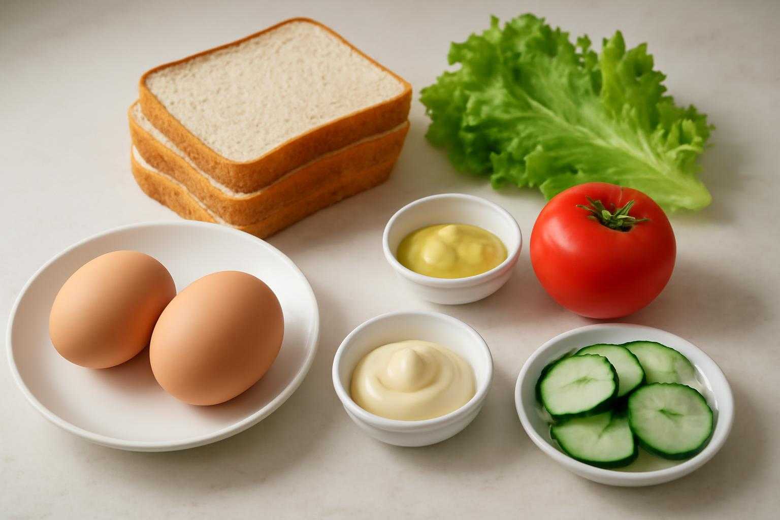 新鮮な卵とパン、野菜を並べた食材の準備風景